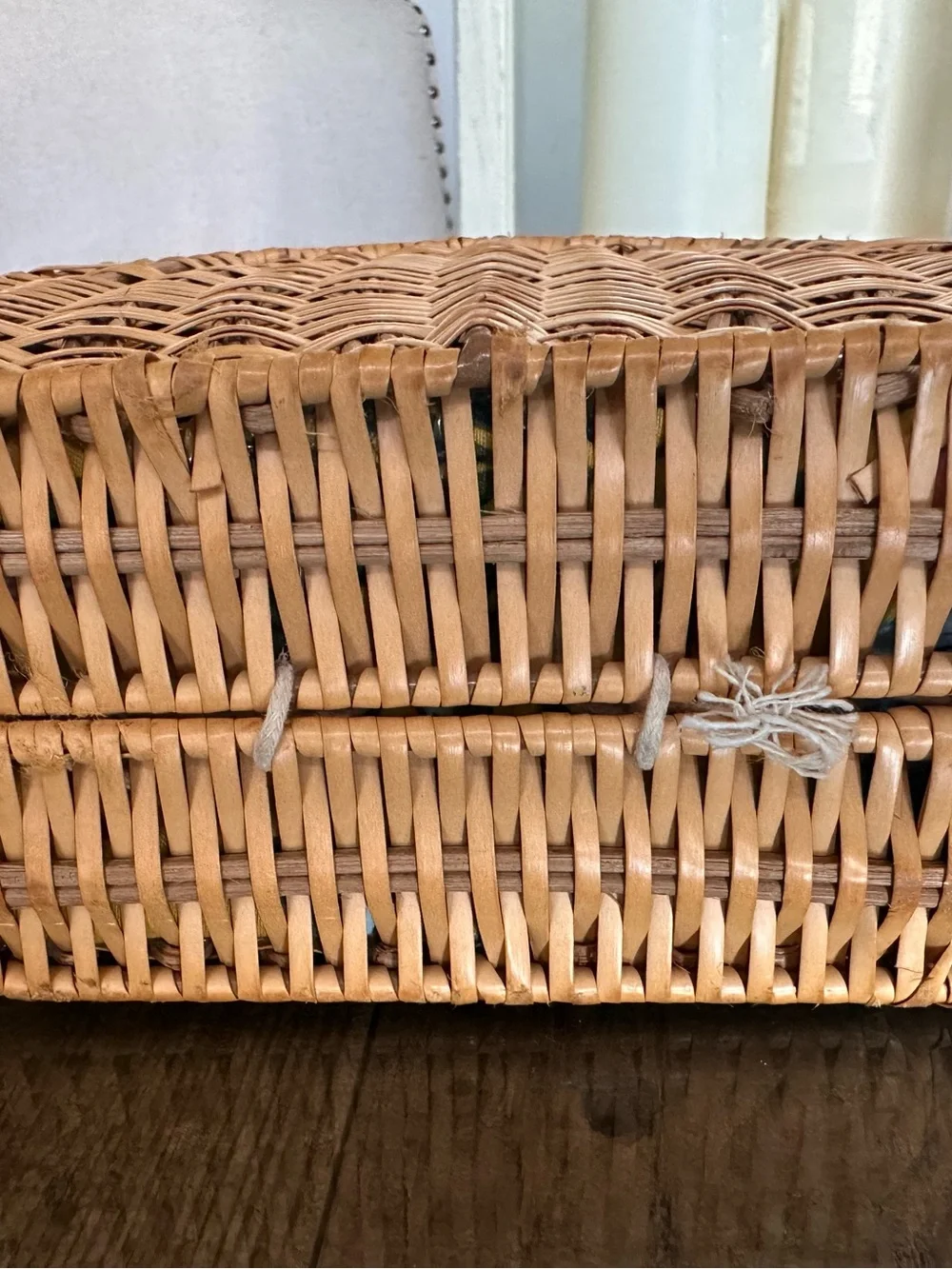 Wooden Purse Hinged Basket Weave Sides Handles Clasp Interior Floral Cloth Lined - Picture 5 of 12